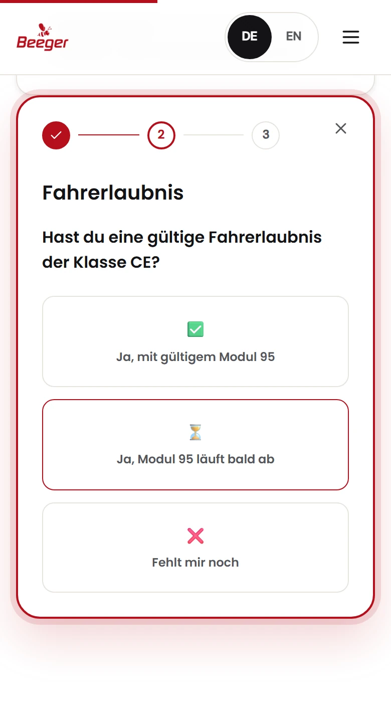 Schritt 2 von 3: Fahrerlaubnis, drei Antworten zum Antippen