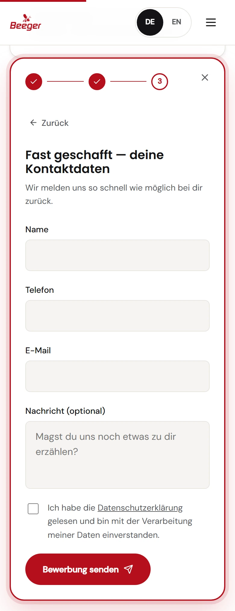 Schritt 3 von 3: Name, Telefon, E-Mail, Nachricht und Bewerbung senden