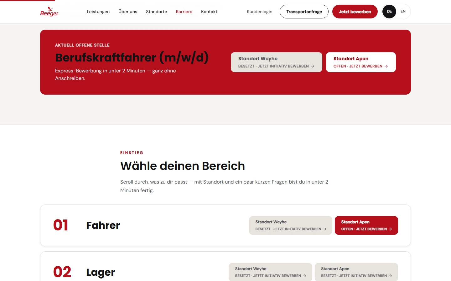 Nachher: neue Beeger-Seite Karriere