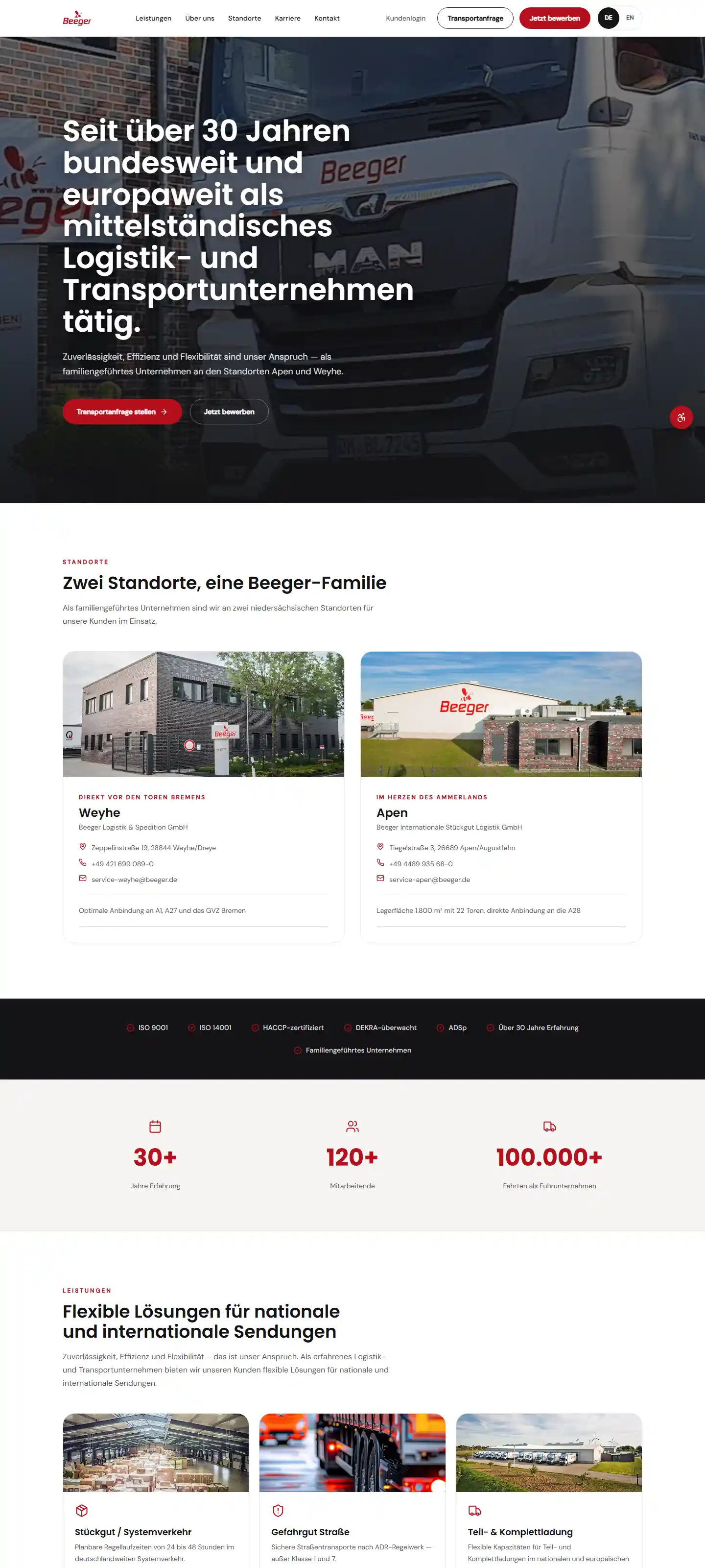 Die neue Website der Spedition Beeger Logistik: Startseite mit Lkw-Foto, Leistungen, Standorten und Karriere